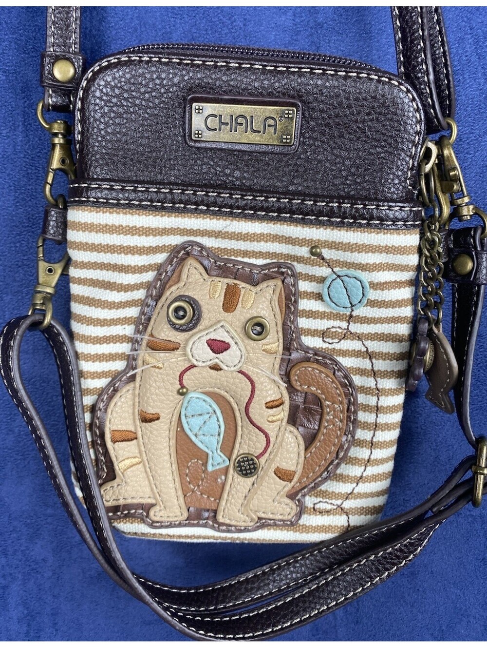 Chala Cat Brown Stripe Cellphone Crossbody Bag Convertible Strap Charms Handbag